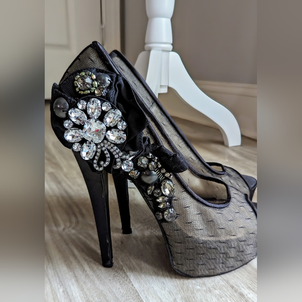 Wild Pair, Andie Netted Stilettos Pumps w/ Floral Rhinestones & Peep toe